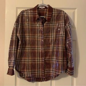 Grey Lab Red Plaid Sequin Button Up Long Sleeve Shirt